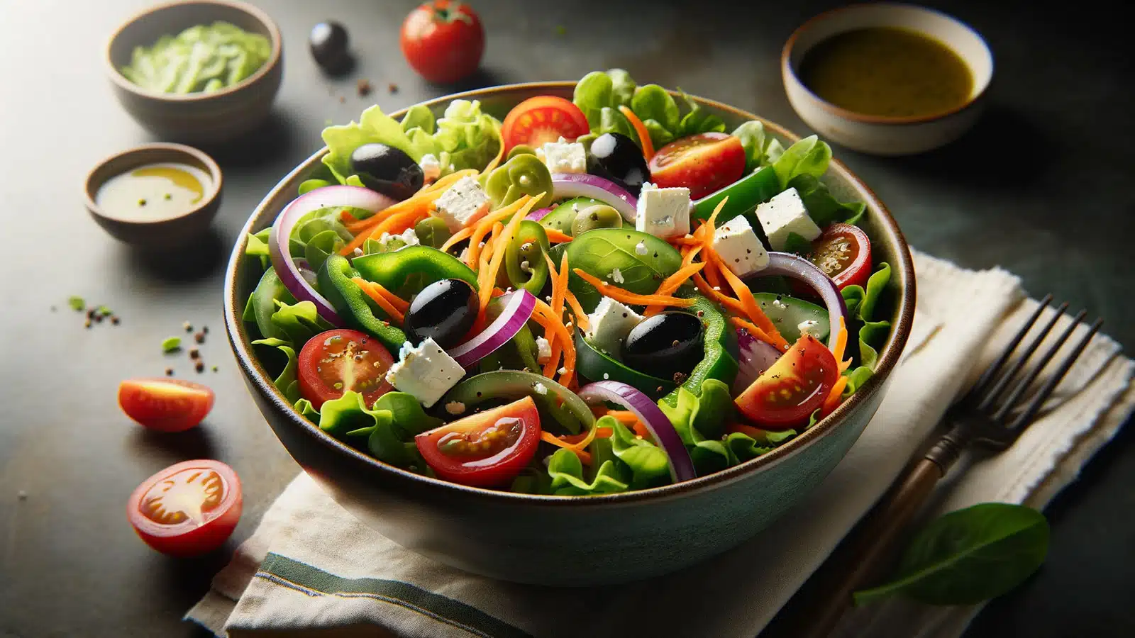 mixed greens, green pepper, cherry tomato, red onion, sliced black olives, shredded carrots, feta cheese, and choice of house dressings