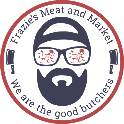 Logo of Frazie's Meat & Market featuring a stylized illustration of a bearded man wearing glasses, with the text "We are the good butchers" encircling the image, emphasizing community and quality in butchery.