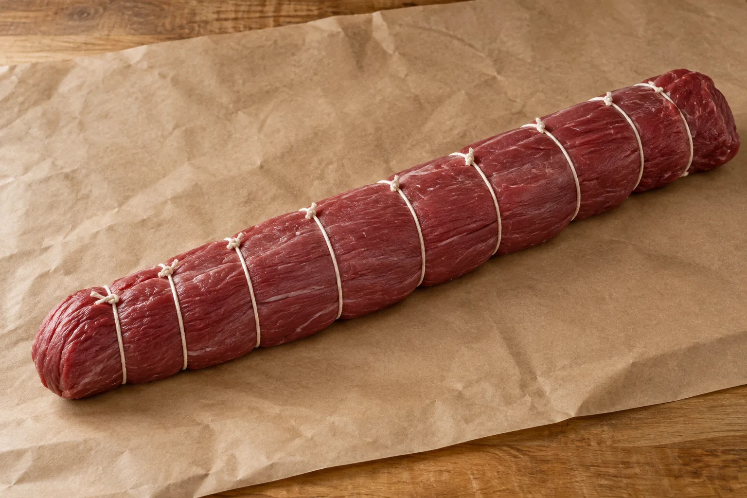 A whole raw beef tenderloin, trimmed of fat and silverskin and tied at even intervals with white butcher's twine, lying on crumpled brown butcher paper.